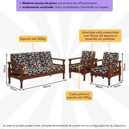 Jogo de Sofá Madeira Maciça Liz 3 Lugares e 2 Poltronas Multimóveis Floral Rosa - 5