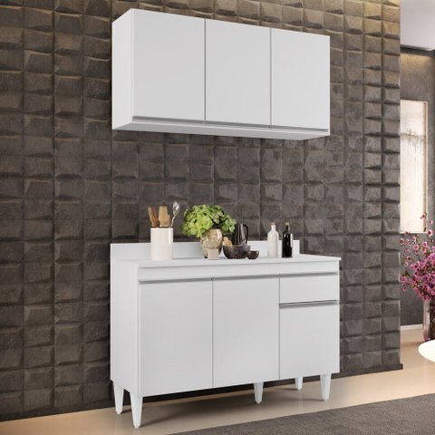 Armário Aéreo Virgínia e Balcão com Tampo 120cm Arizona Branco - Lumil