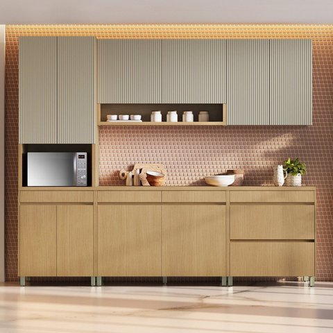 Cozinha 5 Peças 11 Portas 5 Gavetas 270cm 100% MDF Simone Mendes Marrom/Carvalho/Fendi