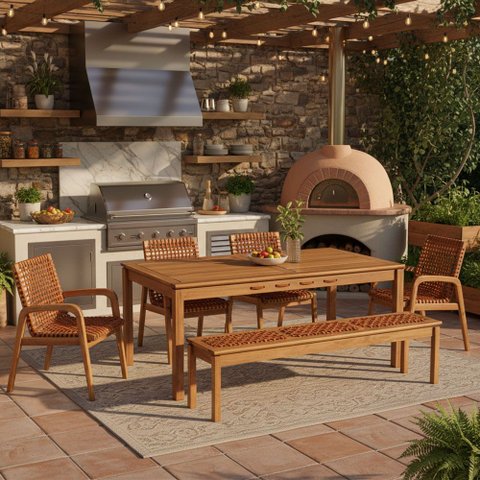 Mesa de Jantar com Banco de Madeira 180cm e 04 Cadeiras Trammare C07 Corda Ocre - Lyam Decor