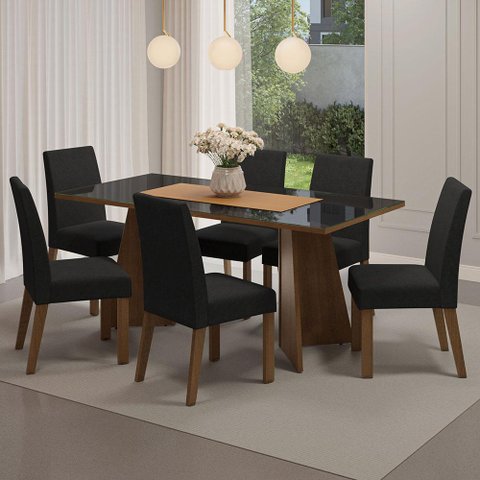 Conjunto Sala de Jantar Mesa Tampo de Vidro 6 Cadeiras Rustic/preto/oxford Valerie Madesa