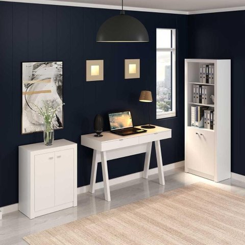 Kit Escritório com Mesa Estante e Balcão 4 Portas 2 Gavetas MDP Branco Tecno Mobili
