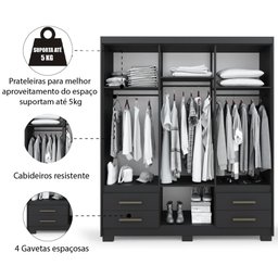 Guarda Roupas Casal 6 Portas 4 Gavetas Primacy Preto Batrol - 4