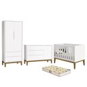 Ver imagem 1 de Dormitório Infantil Classic 2 Portas, Cômoda 1 Porta, Berço Branco com Pés Amadeirado e Colchão D18