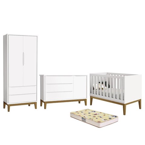 Dormitório Infantil Classic 2 Portas, Cômoda 1 Porta, Berço Branco com Pés Amadeirado e Colchão D18 