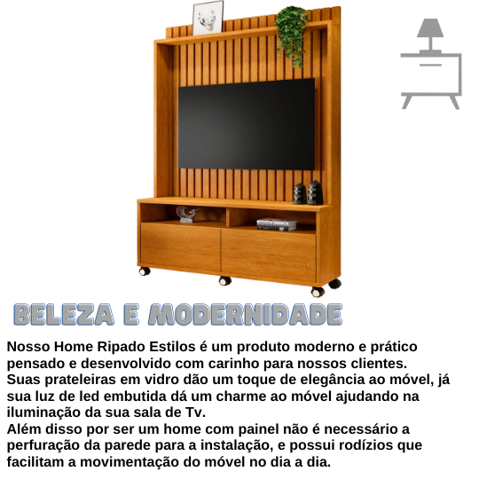 Estante Rack p/ TV 50" Home Ripado Estilos 1,45cm c/ Rodizio:Naturale - 4