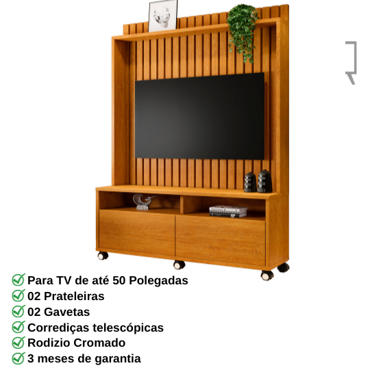 Estante Rack p/ TV 50" Home Ripado Estilos 1,45cm c/ Rodizio:Naturale - 3