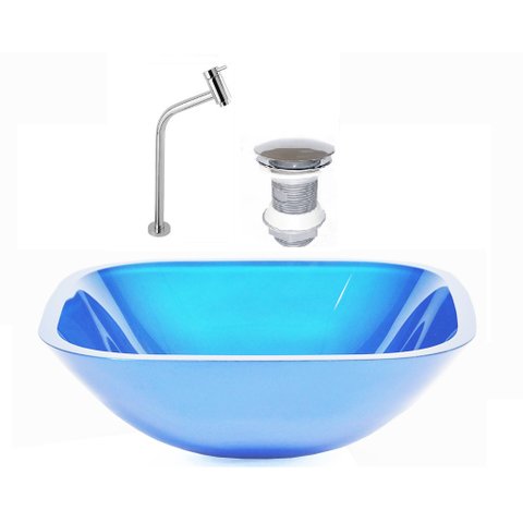 CUBA DE VIDRO QUADRADA 35CM AZUL + VALVULA + TORNEIRA METAL