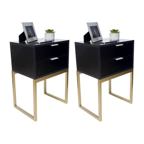 Kit 2 Mesas Cabeceira Industrial 40cm Preto Eco 2 Gavetas Base Metal Dourado Lateral Cama