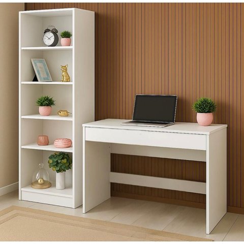 Escrivaninha 90cm Slim Gaveta e Livreiro Branco 5 Prateleiras
