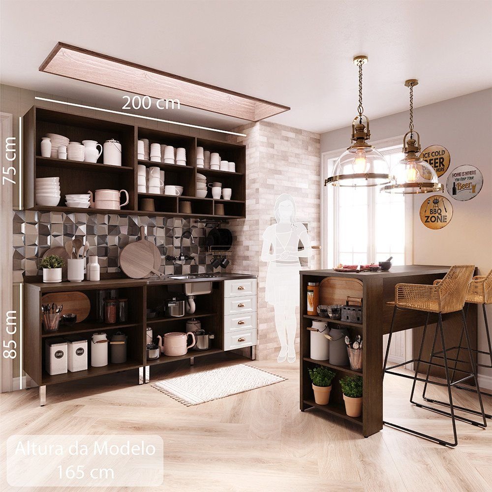 Armário de Cozinha Compacta 4 Peças e Bancada Gourmet Safira