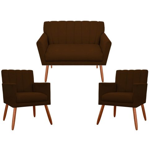 Kit Namoradeira + 2 Poltronas Decorativa Cecília Suede Marrom Pés Madeira Mz Decor