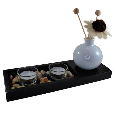Conjunto Bandeja com Difusor Porta Velas Jardim Zen Madeira 12cm