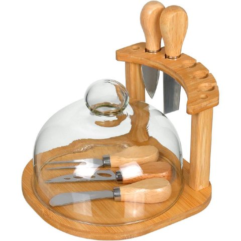 Jogo 7 Peças para Queijo Home&co com Tampa de Vidro Bambu