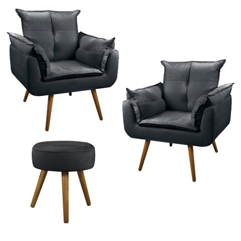 Conjunto 2 Poltronas Decorativas Opala e 1 Puff Redondo Pés Palito Suede Cinza UlissesDecor
