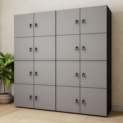 Armário Organizador Locker 16 Portas c/ Chave F5 Office Cor:Cinza Sagrado com Preto
