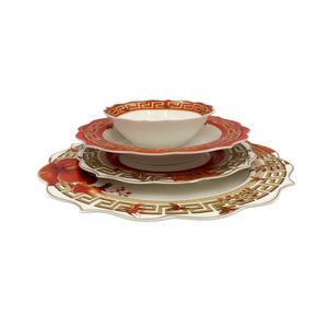 Aparelho de Jantar em Porcelana Branco com Detalhes Vermelho 24 Peças
