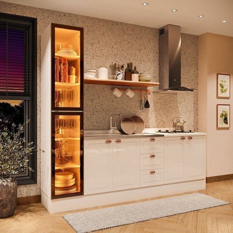 Cozinha com Rodapé 3 Peças com Cristaleira com LED Pérola Yescasa