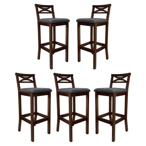 Kit 5 Banquetas Alta Estofada para Bancada Madri Madeira Capuccino Suede Cinza Ccs