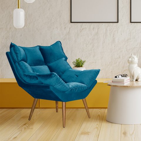 Poltrona Decorativa Luxor Prime Veludo Azul Marinho Base Fixa em Madeira Maciça