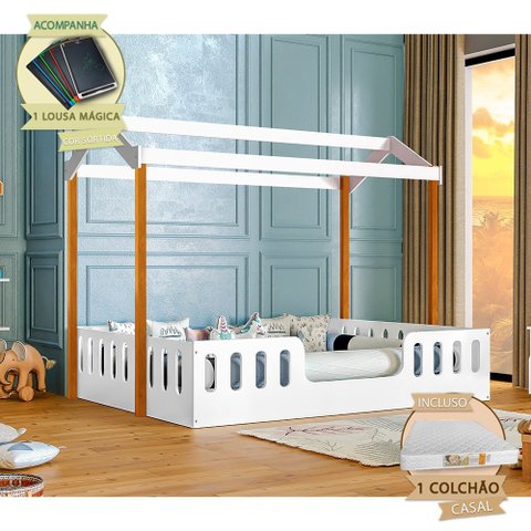 Cama Casal Infantil Ágatha com Colchão e Lousa Mágica para Quarto Seguro Premium - Branco/amêndoa