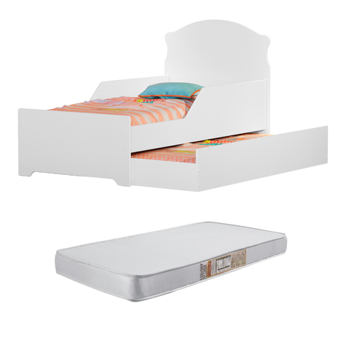 Cama Infantil Juvenil Livia Branco com Auxiliar Proteção Lateral + 1 Colchão D18