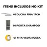 Chuveiro Ducha Fria Redondo 17cm Branco + Suporte de Canto Porta Shampoo Cinza + Veda Rosca - 2