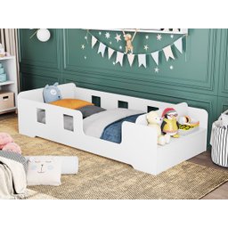 Cama Infantil Montessoriana com Grade Proteção e Prateleira Manu Branco - 1