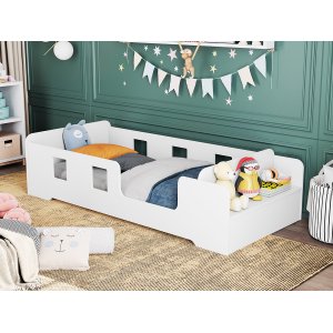 Cama Infantil Montessoriana com Grade Proteção e Prateleira Manu Branco