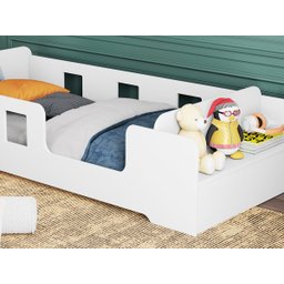 Cama Infantil Montessoriana com Grade Proteção e Prateleira Manu Branco - 2