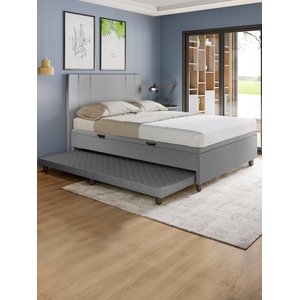 Base Cama Baú Casal com Cama Auxiliar C/colchão Conjugado Corino Cinza - Skybox