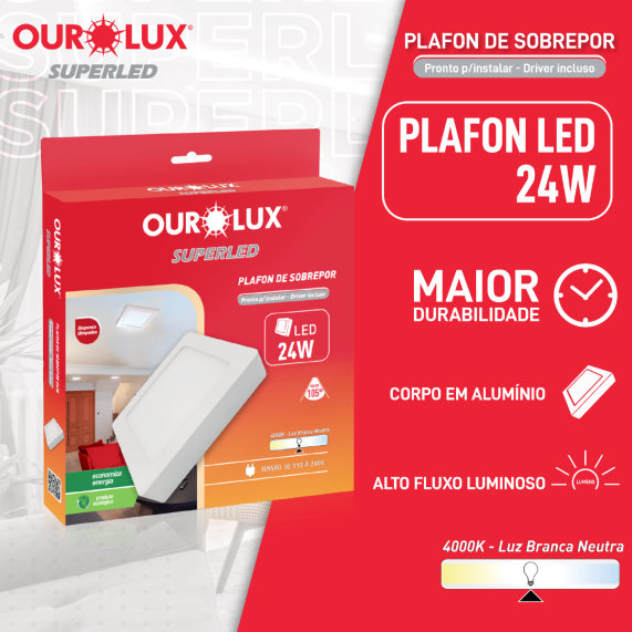 Luminária Plafon Led Sobrepor 24w Bivolt 4000k Quadrado - Ourolux - 2