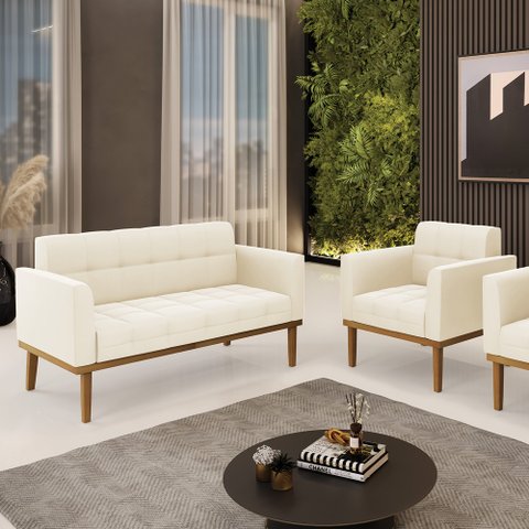 Conjunto Poltrona e Namoradeira Decorativas Karen Pés Fixo em Madeira Castanho Veludo Bege G19 - Gra