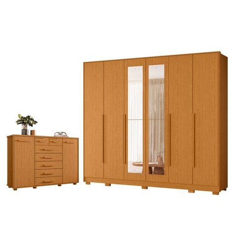 Guarda Roupa Casal Mercure com Espelho 06 Portas e Cômoda Fontana 02 Portas e 07 Gavetas Cinamomo
