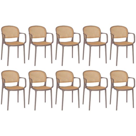 Kit 10 Cadeiras de Jantar Roma Prática com Braços para Sala e Cozinha - Marrom Claro