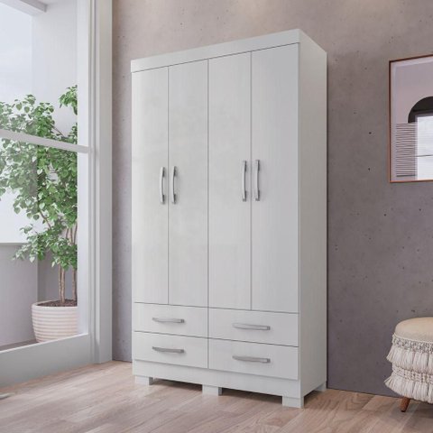 Guarda Roupa Solteiro Otto 4 Portas de Bater 4 Gavetas MDP Branco Framar
