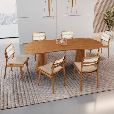Conjunto Sala de Jantar Mesa Noronha 180cm Tampo Laminado Organico e 6 Cadeiras Eva Premium