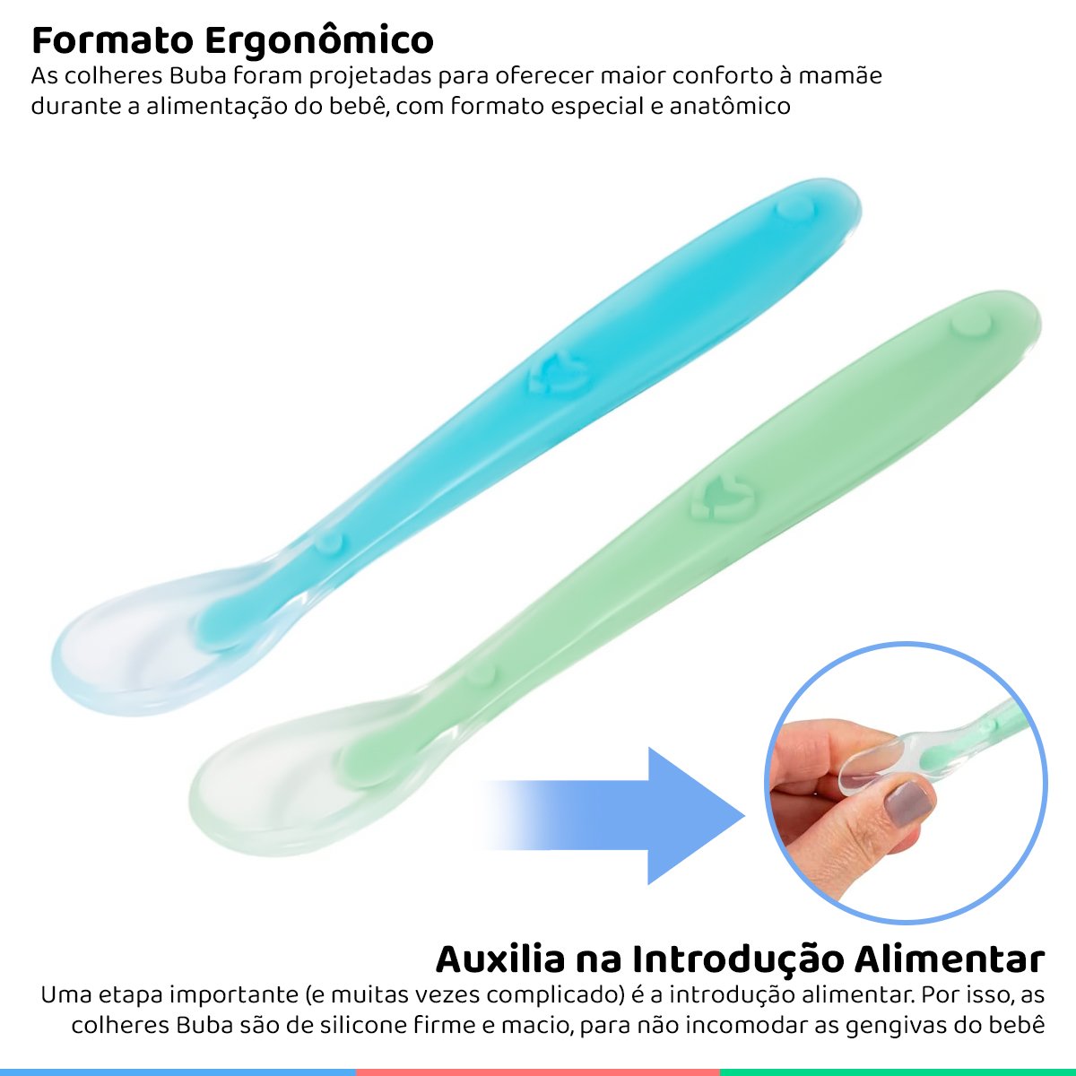 Kit Colher Infantil De Silicone Para Bebê +6 Meses Introdução Alimentar Anatômica Azul Buba - 2