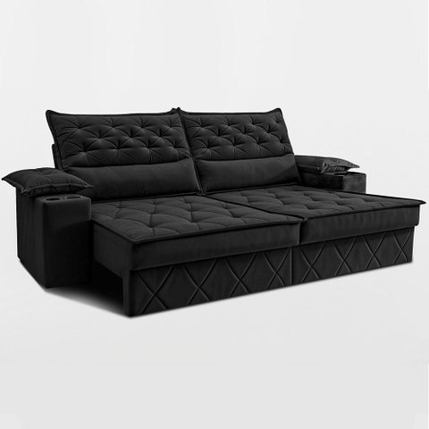 Sofá Retrátil e Reclinável 2,40m com Porta Copos e Molas Cosmos Velusoft Preto Cama Inbox