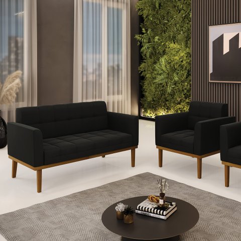 Conjunto Poltrona e Namoradeira Decorativas Karen Pés Fixo em Madeira Castanho Suede Preto G19 - Gra