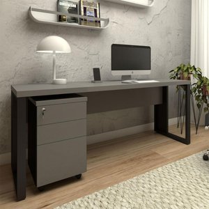 Mesa Escrivaninha Industrial 1,90m com Gaveteiro e Pés Metal Cor:cinza Sagrado com Preto