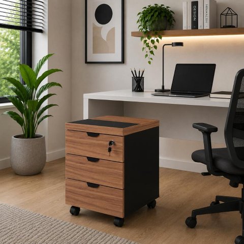 Gaveteiro Móvel Escritório 40cm x 50cm 3 Gavetas Chave e Rodízios F5 Office Cor:Nogal com Preto