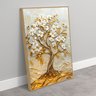Quadro Décor Árvore 3d com Ondas Flores Brancas Folhas Douradas Sala Quarto Casa Escritório - 2