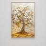Quadro Décor Árvore 3d com Ondas Flores Brancas Folhas Douradas Sala Quarto Casa Escritório - 3