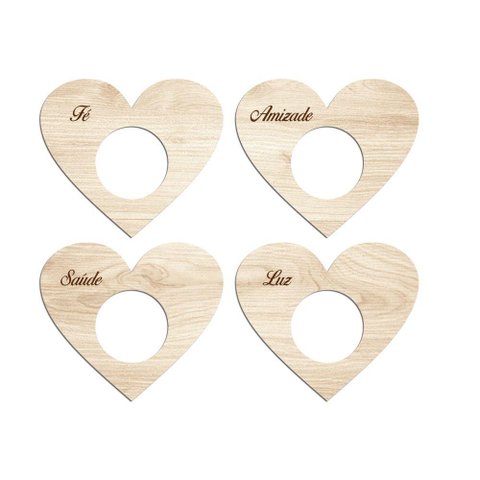 Porta Guardanapo Coração Desejos Kit 4 Peças 7,5cmx6,5cm - Cria Arte Laser Madeira Clara