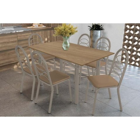 Conjunto: Mesa Sala Jantar Elba C/ Tampo de Madeira 160cm e 6 Cadeiras Holanda Niquel/nogueira -