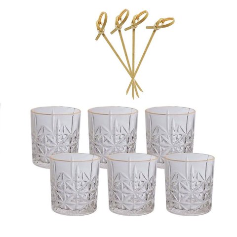 Kit 6 Copos Whisky 350 Ml Borda Dourada 50 Palitos de Bambu Utensilios do Chef