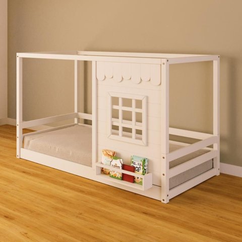 Cama Montessoriano Casinha Reta com Janela Madeira Maciça Branco Housin