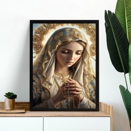 Quadro Nossa Senhora Rezando Terço 24x18cm - com Vidro:moldura Branca - 1 Quadro Nossa Senhora Rezando Terço 24x18cm - com Vidro:moldura Branca - 1