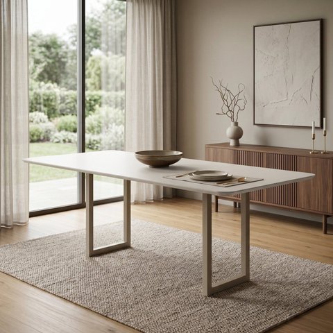 Mesa de Jantar 6 Lugares Tampo de Vidro e MDF 160x90cm Itália Branco Dourado/Off White